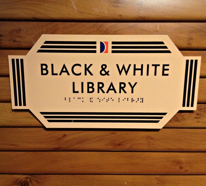 black and white library sign